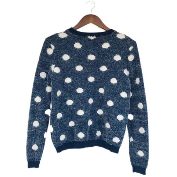 R+J Couture Navy White Polka Sot Fuzzy Sweater Pullover‎ Crewneck Size Medium - Picture 2 of 9
